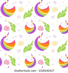 Unicorn seamless pattern. Rainbow mane and horn. Bright colorful vector illustration.