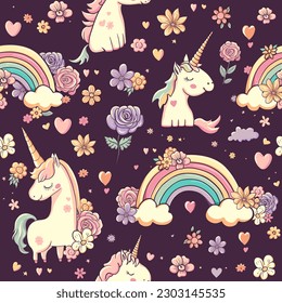 Unicorn seamless pattern with rainbows, flowers, hearts. Decorative cartoon character kawaii animals. Vector repeated background with beautiful pastel unicorns. Romntic pastel wallpaper design
