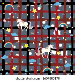 Unicorn Seamless Pattern. Rainbows, stars and drops of rain