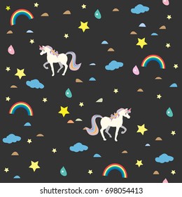 Unicorn Seamless Pattern. Rainbows, stars and drops of rain
