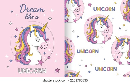 Unicorn nahtloses Muster. Wiederholtes Design-Element zum Bedrucken von Verpackungspapier. Grußkartendesign. Fantastischer Charakter, Fantasie und Fantasie. Cartoon-Flavektor-Vektorgrafik