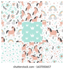 Unicorn seamless pattern of simple trendy cartoon style. Unicorn, magic horse, pony for kids and magic textile, walppaper, fabric design. Isolated vector illustration.