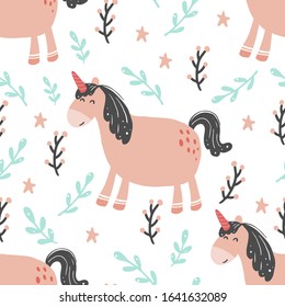 Unicorn seamless pattern of simple trendy cartoon style. Unicorn, magic horse, pony for kids and magic textile, walppaper, fabric design. Isolated vector illustration.