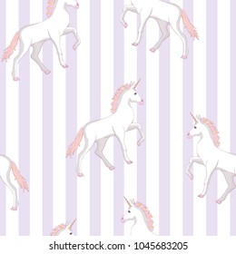 Unicorn seamless pattern. Unicorns with rainbow mane and horn on flat purple background with stars. Vector illustration.