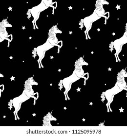 Unicorn seamless pattern. Unicorns with rainbow mane and horn on flat purple background with stars. Vector illustration.