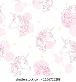 Unicorn seamless pattern. Unicorns with rainbow mane and horn on flat purple background with stars. Vector illustration.