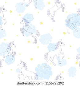 Unicorn seamless pattern. Unicorns with rainbow mane and horn on flat purple background with stars. Vector illustration.