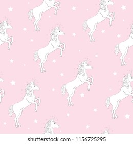Unicorn seamless pattern. Unicorns with rainbow mane and horn on flat purple background with stars. Vector illustration.