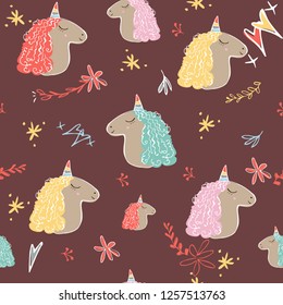 Unicorn seamless pattern. Unicorns with rainbow horn and mane on red background with flower. Vector illustration. Cute magic fantasy wallpaper with white unicorn head. template for cover fabric, books