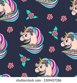 Unicorn seamless pattern. Unicorns with rainbow mane and horn on flat blue background with rose. Vector illustration. Cute magic fantasy wallpaper with  unicorn head.