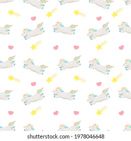 unicorn. seamless pattern with unicorns, shooting star and hearts. cute unicorn jumping across the sky. stock vector illustration isolated on white background.