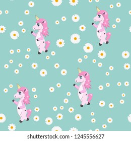 Unicorn seamless pattern vector cartoon illustration. Cute kid unicorn walks across the field with flowers. Unusual animal or fantasy character for fabric print, wrapping paper, backdrop.