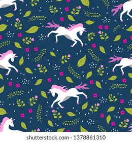Unicorn seamless pattern vector illustration ready for fashion textile print, vector cute with floral ornaments. Ready for baby and kids fashion textile print.