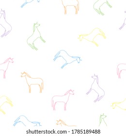 Unicorn seamless pattern white background. Colorful unicorns collection isolated on white. Fairy color line animals print vector illustration