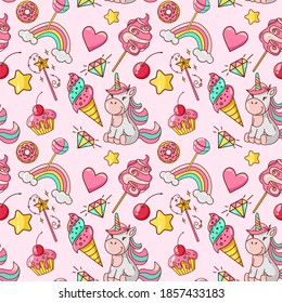 Unicorn seamless pink pattern. Ice cream, donut, lollipop, cotton candy, magic wand, cupcake, diamond, rainbow, stars, heart. Great for wallpaper, gift paper, fabric, wrapping paper, surface design