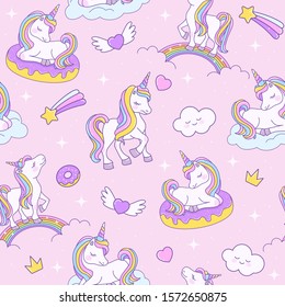 Unicorn seamless pink pattern with unicorns on a rainbow, on a cloud and on a donut. Endless background for textiles, notebooks, cards and children’s birthday celebrations. Vector stock cute texture. 