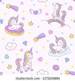 Unicorn seamless pink pattern with unicorns on a rainbow, on a cloud and on a donut. Endless background for textiles, notebooks, cards and children’s birthday celebrations. Vector stock cute texture. 