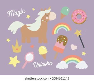 Unicorn set with cartoon unicorn, hearts, stars, mirror, crown, rainbow, ice cream, magic wand, donut and text: Magic, Unicorn. Vector Illustration design for cards, posters, t-shirts, invitations.