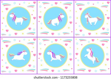 Unicorn set of creatures with drawn icons vector. Flowers and flourishing, shining star and hearts surrounding mythological animal in different poses