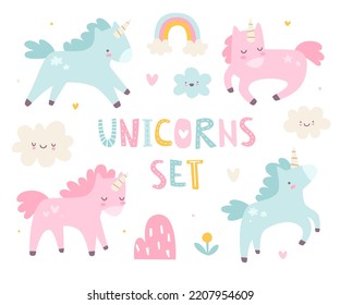 Unicorn Set. Cute Scandinavian Unicorns Vector Collection. Girly Kawaii Prints.