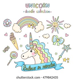 Unicorn set. Doodle collection Cartoon style design.