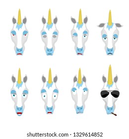 Unicorn set emoji avatar. sad and angry face. guilty and sleeping. Magic horse sleeping emotion face. Fairy Beast Eggplant. Vector illustration