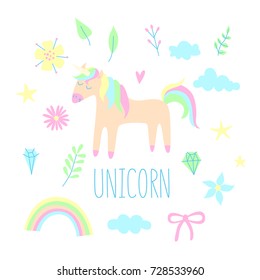 Unicorn set with flowers and clouds and rainbow