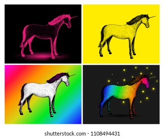 Unicorn set. Freehand drawing. Vector illustration. Isolated on white background