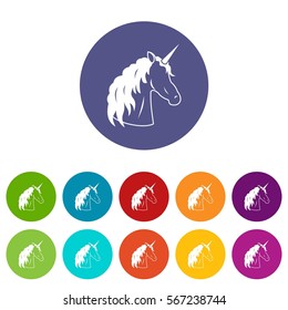 Unicorn set icons in different colors isolated on white background