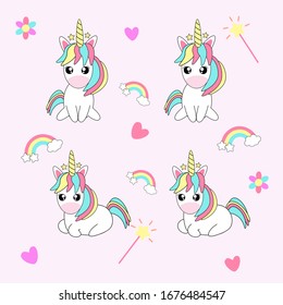 Unicorn set with light pink background. Kids cute happy cartoon with unicorn, rainbow, hearts, flowers for baby clothes, nursery art, sticker, print, pop art. Kawai fantasy animal. Vector illustration
