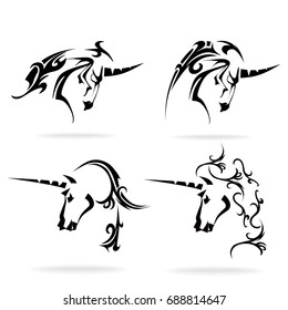 Unicorn set, on white background, illustration, tribal