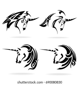 Unicorn set, on white background, illustration, tribal