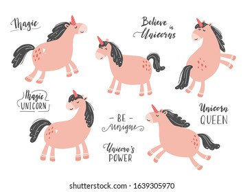 Unicorn set of simple trendy cartoon style with lettering text. Unicorn of pink color for kids and magic textile, bag, t-shirt design. Isolated vector illustration.