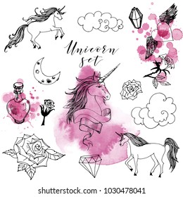 Unicorn set. Sketch and watercolor vector background.
