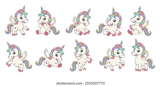 Unicorn set. Unicorns in different poses. Unicorn characters for birthday, invitations, greeting cards, stickers.