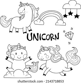 unicorn set vector coloring page illustration