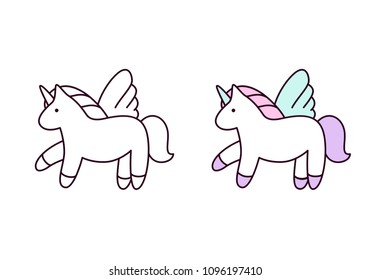 Unicorn set. Vector illustration. Colorful and line icons. Cute unicorn
