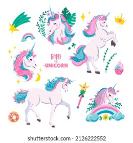 Unicorn set. Vector unicorn illustrations. Prancing unicorn, rainbows, plants and leaves isolated. 