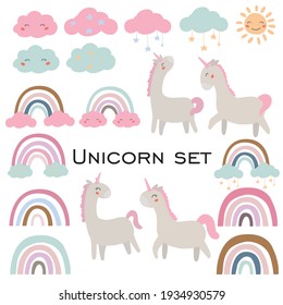 Unicorn set vector with pink rainbow for scrapbooking, stickers, icon, decoration, logo