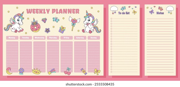 Unicorn set of weekly planner, to dolist and notes. Planners with magic elements and unicorns.