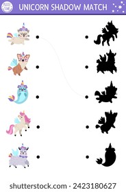 Unicorn shadow matching activity with animals with horns. Magic world puzzle with cute characters. Find correct silhouette printable worksheet, game. Fairytale page for kids with cat, dog, llama
