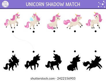 Unicorn shadow matching activity with cute horses with horns and pink mane. Magic world puzzle with cute characters. Find correct silhouette printable worksheet, game. Fairytale page for kids
