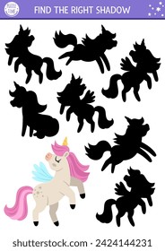 Unicorn shadow matching activity with cute horse with horn, pink mane, wings. Magic world puzzle with cute character. Find correct silhouette printable worksheet, game. Fairytale page for kids
