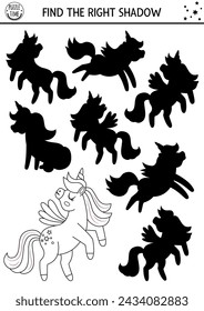 Unicorn shadow matching activity with horse with horn, wings. Magic world black and white puzzle with character. Find correct silhouette printable worksheet, game. Fairytale coloring page for kids
