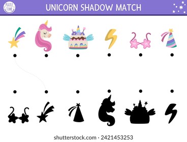 Unicorn shadow matching activity with rainbow cake, birthday cap, falling star. Magic world puzzle with cute characters. Find correct silhouette printable worksheet, game. Fairytale page for kids
