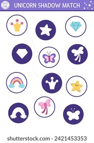 Unicorn shadow matching activity with rainbow, star, butterfly, crystal. Magic world puzzle with cute objects. Find correct silhouette printable worksheet, game. Fairytale page for kids
