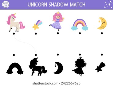 Unicorn shadow matching activity with rainbow, fairy, falling star, half-moon. Magic world puzzle with cute characters. Find correct silhouette printable worksheet, game. Fairytale page for kids
