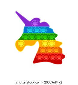 Forma de unicornio. Juego de moda contra el estrés para niños y adultos. Juguete de mano con burbujas empujadoras en colores arcoiris. Ilustración del vector aislada en fondo blanco
