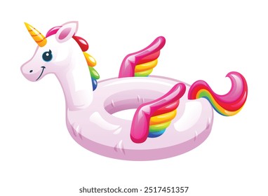 Flotador inflable de la piscina en forma de unicornio con las alas del arco iris y el cuerno espiral. Vector ilustración de dibujos animados