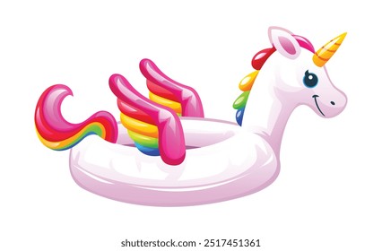 Unicorn shaped inflatable pool float with rainbow wings. Vector cartoon illustration